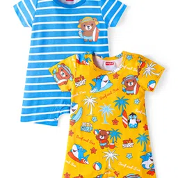 Babyhug Interlock Knit Half Sleeves Rompers With Animal & Beach Theme Print Pack of 2 - Yellow & Blue-picture-17