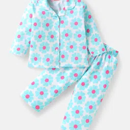 Babyhug Cotton Knit Full Sleeves Co-ords Night Suit with Floral Print - White-picture-10