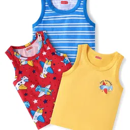 Babyhug 100% Cotton Knit Sleeveless Striped Sando with Airplane Print Pack of 3 - Red Yellow & Blue-picture-31