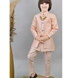 Ahhaaaa Silk Sequins Embellished Threadwork Detailed Sherwani With Pant & Necklace Set - Pink-picture-17