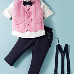 Rikidoos Full Sleeves Striped 3 Piece Party Suit With Bow & Suspeder Set - White & Pink-image-17