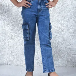 CRIMSOUNE CLUB Cotton Denim Mild Washed Cargo Style Jeans - Blue-picture-14