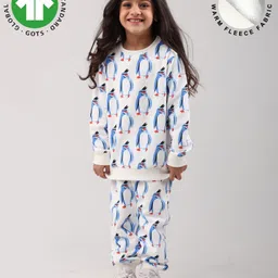 Anthrilo Fleece Knit Full Sleeves Penguins Printed Coordinating Winter Sweatshirt With Joggers Set - Off White-picture-15