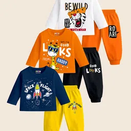 KUCHIPOO Cotton Knit Pack Of 3 Full Sleeves Baby Animals & Space Theme Printed Tees & Joggers Set - Navy Blue Orange White Yellow & Black-picture-35