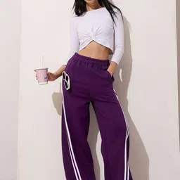 STREET 9 Women Solid Relaxed Fit Side Striped High-Rise Trousers-picture-23