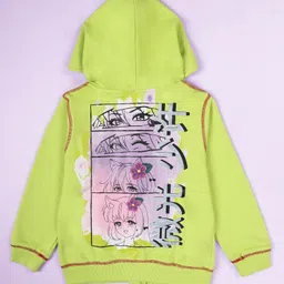 Kiddopanti Fleece Knit Full Sleeves Kawaii Girl Printed Light Winter Hooded Sweatshirt - Neon Green image 3