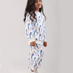 Anthrilo Fleece Knit Full Sleeves Penguins Printed Coordinating Winter Sweatshirt With Joggers Set - Off White image 4