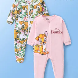 Babyoye Disney Cotton Knit Full Sleeves Sleep Suits With Bambi Print Pack Of 2 - Baby Pink & White image 4