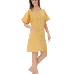 Piu Woven Half Sleeves Checked Hospital Nighty With Nursing Access - Yellow image 5
