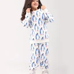 Anthrilo Fleece Knit Full Sleeves Penguins Printed Coordinating Winter Sweatshirt With Joggers Set - Off White image 5