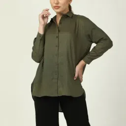 Saltpetre Elegant LInen Olive Shirt with Black Wide leg Trousers Co-ord Set-image-19