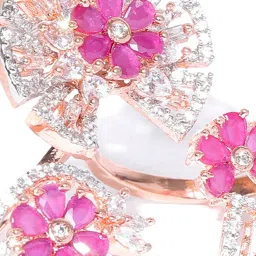 Priyaasi Rose Gold-Plated American Diamond and Ruby Studded Floral Pattern Finger Ring image 2