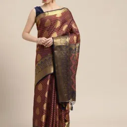 Mimosa Navy & Peach Silk Woven Saree With Unstitched Blouse-picture-26