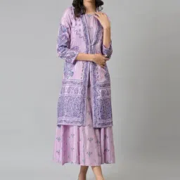 W Purple Printed A-Line Double Layered Dress-picture-10