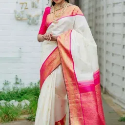 Anjaneya Sarees Off-White & Pink Silk Woven Saree With Unstitched Blouse-image-90