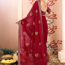 Satrani Red Georgette Embroidered Saree With Unstitched Blouse image 2