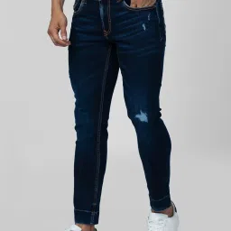 Spykar Dark Blue Cotton Slim Fit Distressed Jeans image 3