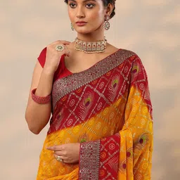 Libas Bandhani Printed Zari Pure Georgette Saree-image-11