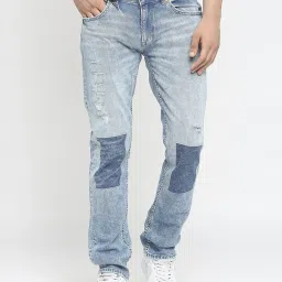 Spykar Light Blue Cotton Regular Fit Distressed Jeans image 1