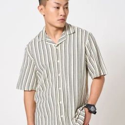 People By Pantaloons Off White Cotton Relaxed Fit Striped Shirt-picture-6