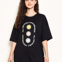 Clovia Black Cotton Graphic Print Sleep Tee image 1