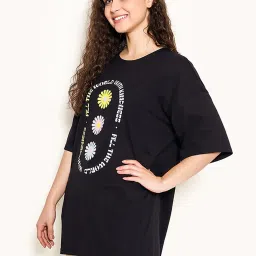 Clovia Black Cotton Graphic Print Sleep Tee image 3