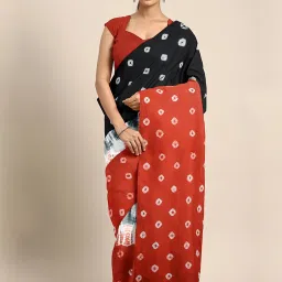 Kalakari India Black & Orange Cotton Printed Saree With Unstitched Blouse image 1