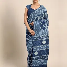 Kalakari India Blue Cotton Printed Saree With Unstitched Blouse image 1