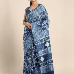 Kalakari India Blue Cotton Printed Saree With Unstitched Blouse image 3
