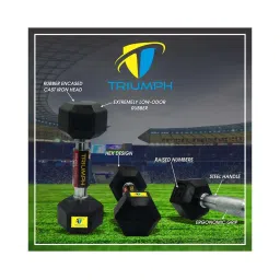 Triumph Black Rubber Hex Dumbbells with Steel Grip for Men & Women (5 kg x 2) image 2