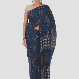 Kalakari India Blue Cotton Printed Saree With Unstitched Blouse image 1