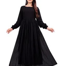 SARINKU Women Black Embroidered Boat Neck Georgette Maxi Dress-image-30