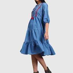 R.Code by The Roadster Life Co. Embroidered Denim A-Line Midi Dress image 4