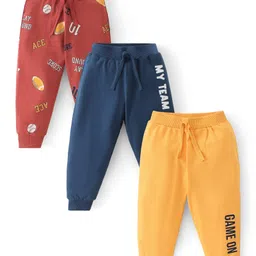 Babyhug Cotton Knit Full Length Lounge Pant Text Print Pack Of 3 - Maroon Yellow & Navy Blue-image-55