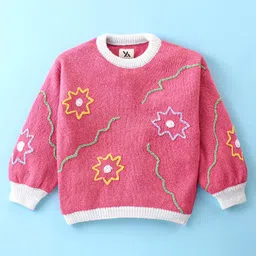 Yellow Apple Knit Full Sleeves Pullover with Floral Embroidery - Pink-image-62