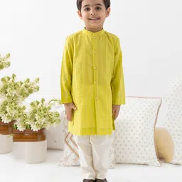 Tiber Taber Cotton Lurex Woven Full Sleeves Foil Striped Kurta Pyjama Set - Green-picture-35