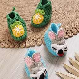 MayRa Knits Hand Knitted Woven Pack Of 2 Animal & Orange Applique Detailed Crochet Booties - Green & Blue-picture-17