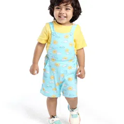 Babyoye 100% Oragnic Cotton Knit with Eco Jiva Finish Dungarees & Half Sleeves T-Shirt Sun & Text Print - Blue & Yellow image 2