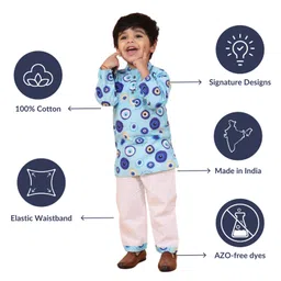 Mama & Peaches Cotton Full Sleeves Evil Eye Printed Kurta & Pyjama Set - Blue image 3