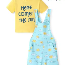 Babyoye 100% Oragnic Cotton Knit with Eco Jiva Finish Dungarees & Half Sleeves T-Shirt Sun & Text Print - Blue & Yellow image 3