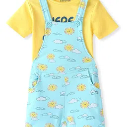 Babyoye 100% Oragnic Cotton Knit with Eco Jiva Finish Dungarees & Half Sleeves T-Shirt Sun & Text Print - Blue & Yellow image 4