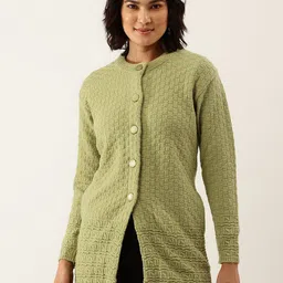 BROOWL Women Green Self Design Checked Woollen Longline Cardigan image 1