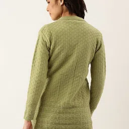 BROOWL Women Green Self Design Checked Woollen Longline Cardigan image 4