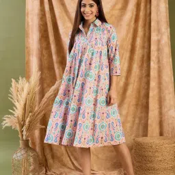 Inweave Peach Cotton Printed A-Line Dress-image-41