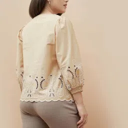 Code By Lifestyle Light Beige Cotton Regular Fit Embroidered Top image 2