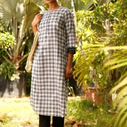 Jaypore White Checked Hand Woven Straight Fit Kurta image 3