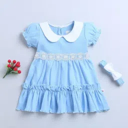 Bumzee Kids Sky Blue Solid Frock with Headband-image-83