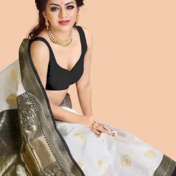 Anjaneya Sarees White & Black Silk Woven Saree With Unstitched Blouse image 5
