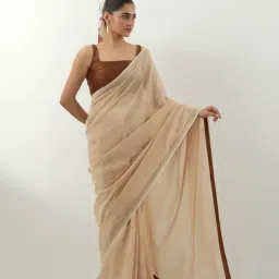 Vinusto Beige & Brown Handwoven Chanderi Regular Fit Saree-image-68