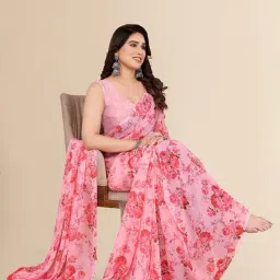 Winza Designer Pink Floral Print Saree with Unstitched Blouse image 4